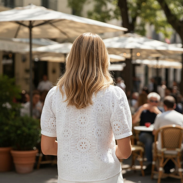 Chemisier blanc ajouré à broderie géométrique *