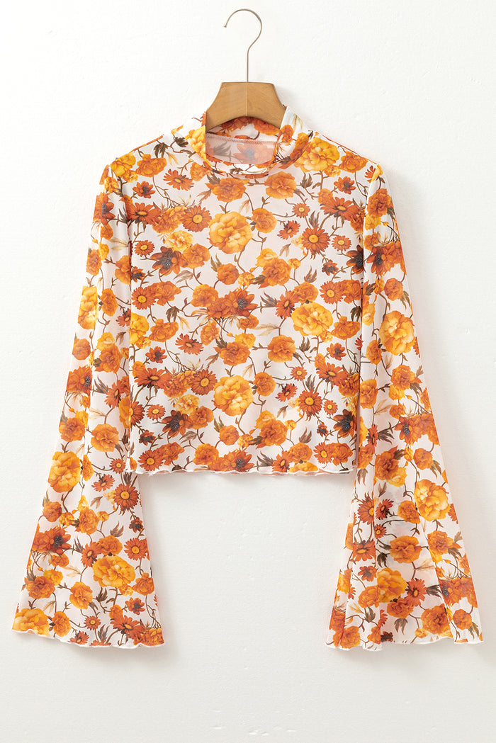 Chemisier orange à imprimé floral et manches cloche, col montant, bordure festonnée-A WOMAN WE LOVE