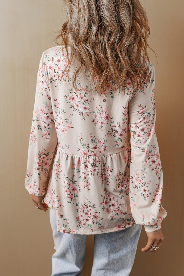 Chemisier rose plissé à imprimé floral et col en U, coupe ample-A WOMAN WE LOVE