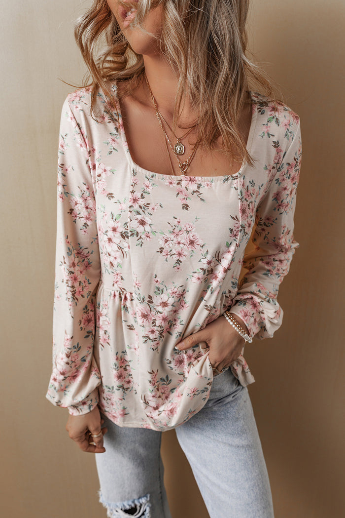 Chemisier rose plissé à imprimé floral et col en U, coupe ample-A WOMAN WE LOVE