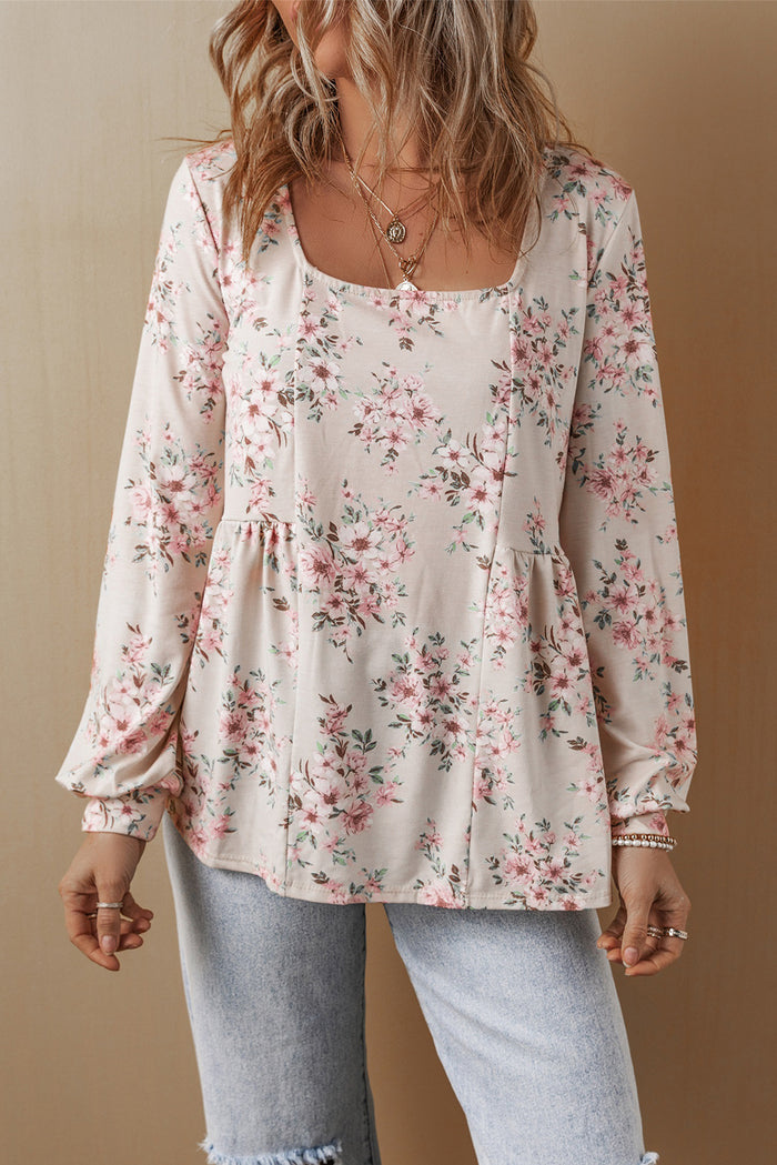 Chemisier rose plissé à imprimé floral et col en U, coupe ample-A WOMAN WE LOVE