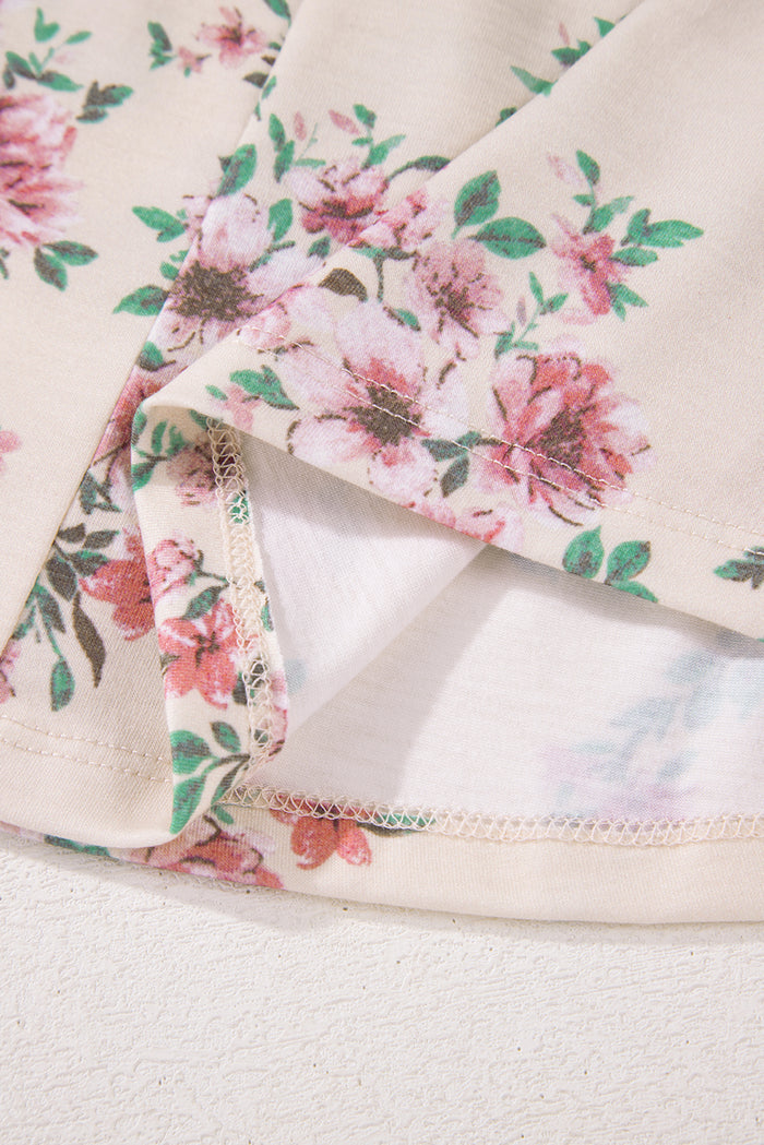Chemisier rose plissé à imprimé floral et col en U, coupe ample-A WOMAN WE LOVE
