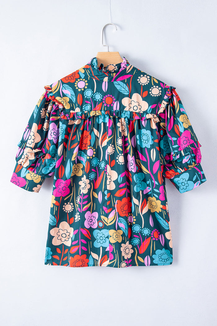 Chemisier vert à imprimé floral, manches bouffantes, noué à col en V-A WOMAN WE LOVE