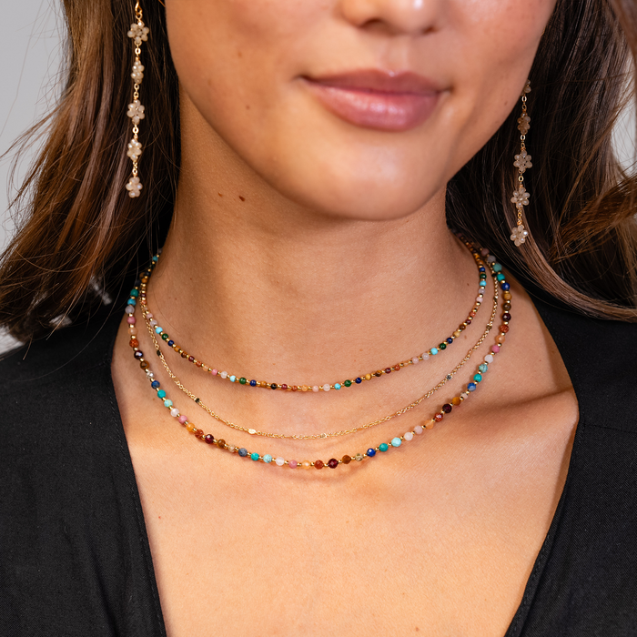 Circles in the Sand Necklace, multicolor beads on neck