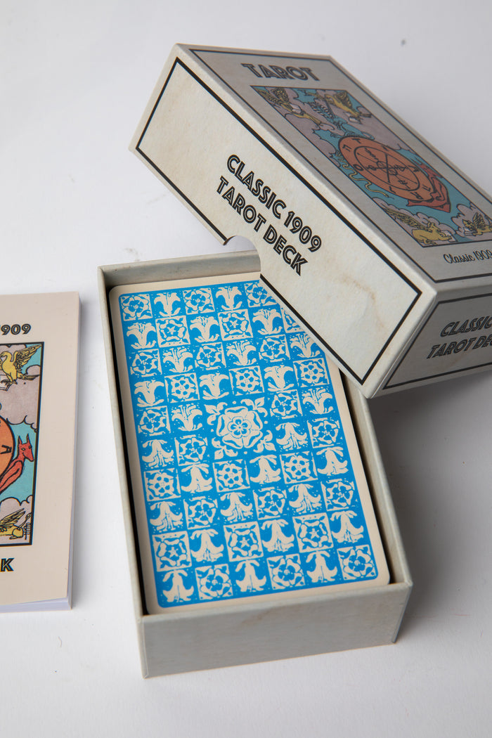 Classic 1909 Tarot Deck box featuring vintage Rider Waite-inspired artwork and mystical design details