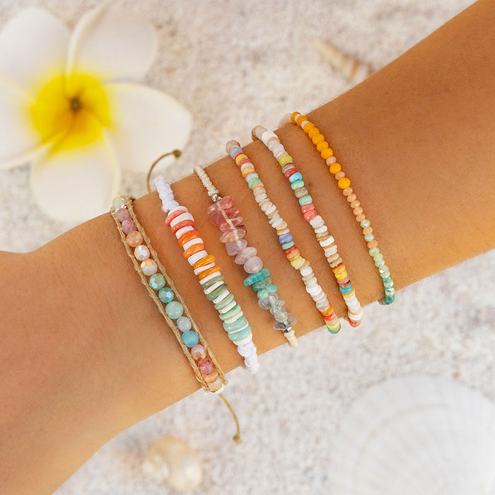 Coconut Crush Healing Bracelet, wrist stack with plumeria