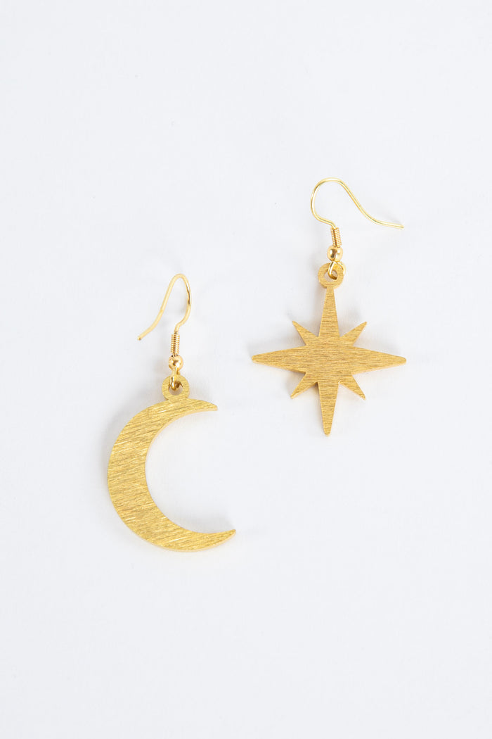 Gold Compass Moon Sunshine Golden Metal Earrings