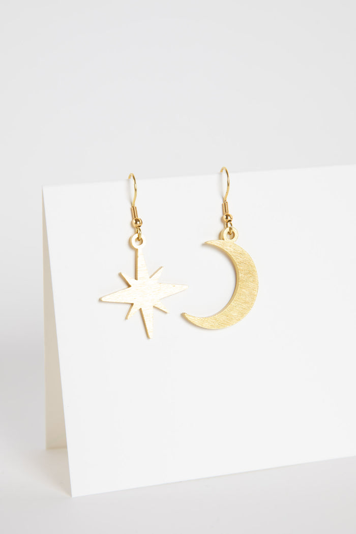 Gold Compass Moon Sunshine Golden Metal Earrings