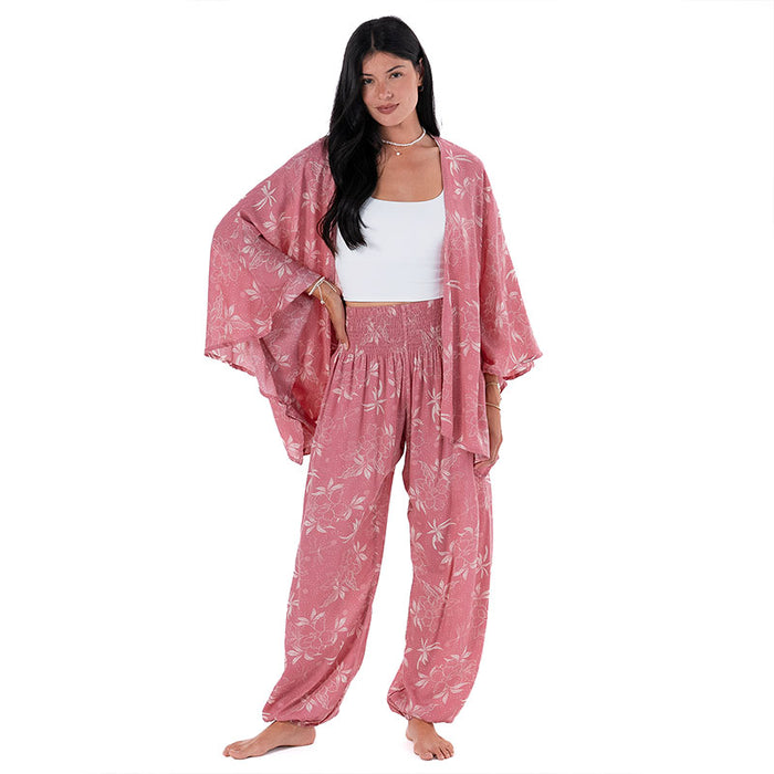 Coral Bloom Butterfly Kimono, front with pants