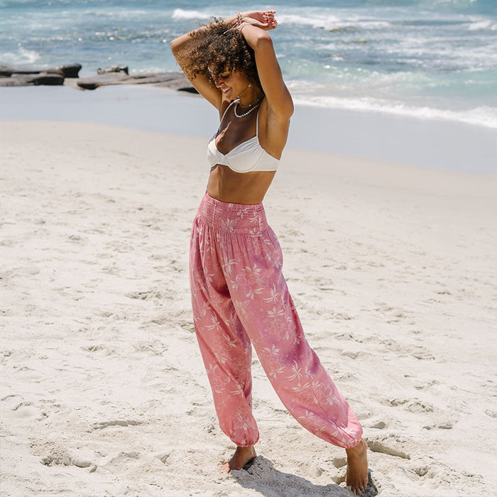 Coral Bloom Harem Pants, back, on the beach