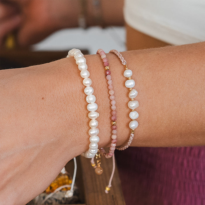 Coral Mermaids Pearl Bracelet, on wrist trio