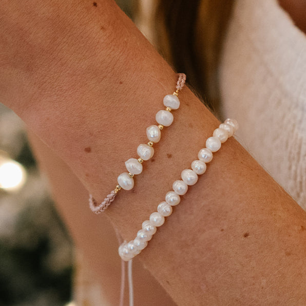 Coral Mermaids Pearl Bracelet, on wrist close-up