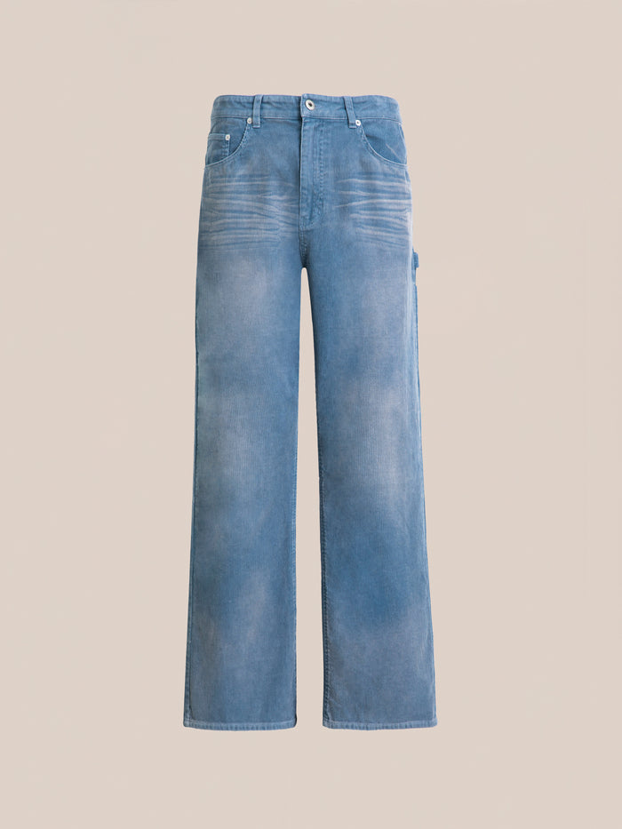 FOUND Corduroy Flare Work Pants featuring a flared leg, comfy fit, and classic five-pocket design, shown against a plain beige background.
