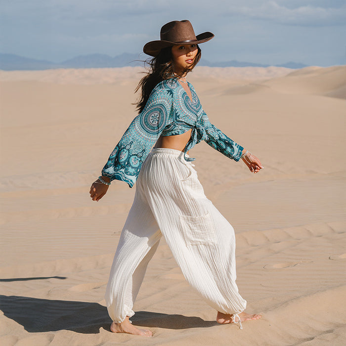 Cream Adventure Cargo Pants, worn in the desert