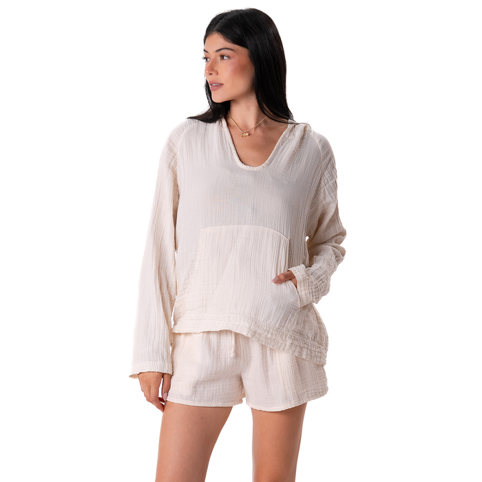 Cream Baja Pullover, front, hand in pocket