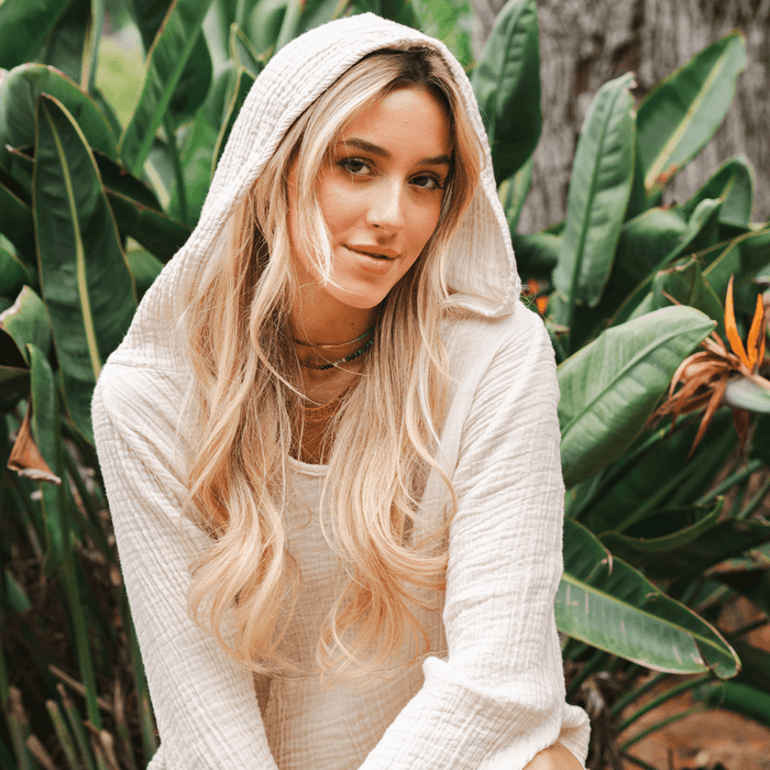 Cream Baja Pullover, worn with hood up