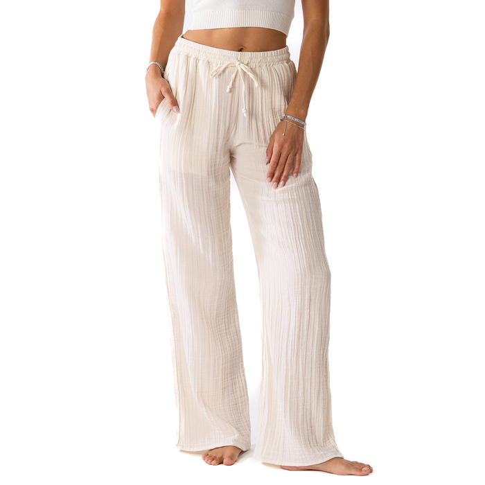 Cream Cotton Cabana Pants, front waist down