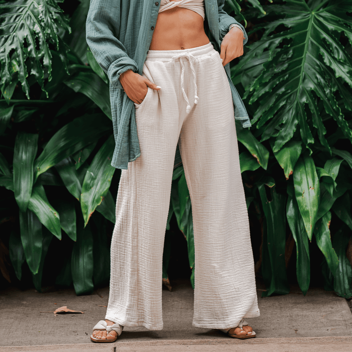 Cream Cotton Cabana Pants, worn with green shirt