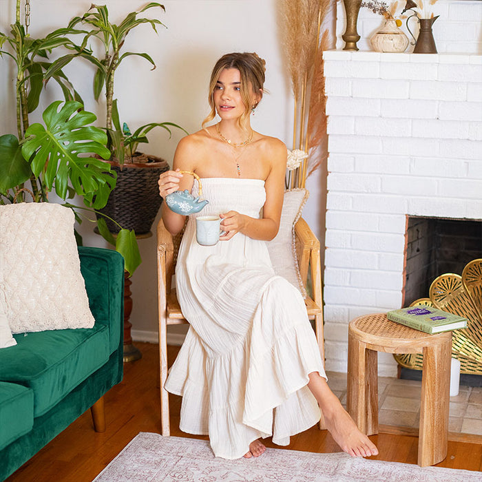 Cream Sundrift Maxi Skirt, worn with mug