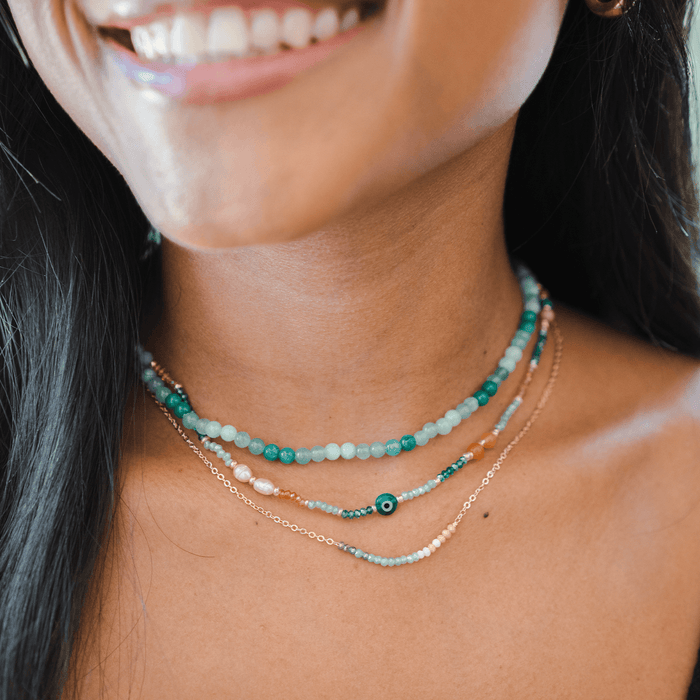 "Create Your Own Sunshine" Goddess Necklace, worn with layered necklaces