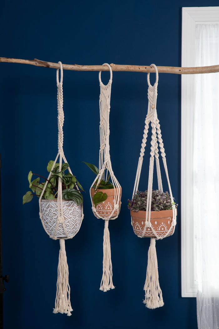 Crochet plant hanger in zig zag, braid, and twist