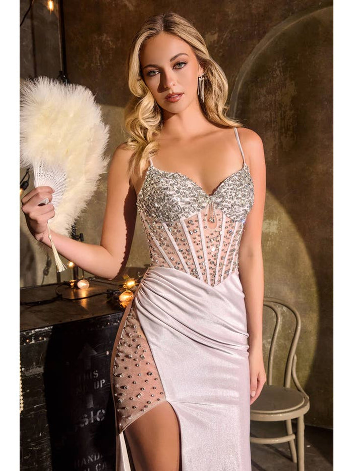 {WHOLESALE CRYSTAL EMBELLISHED FITTED PROM DRESS WITH HIGH SHEER SLIT} - {} at {Linda Mariposa}
