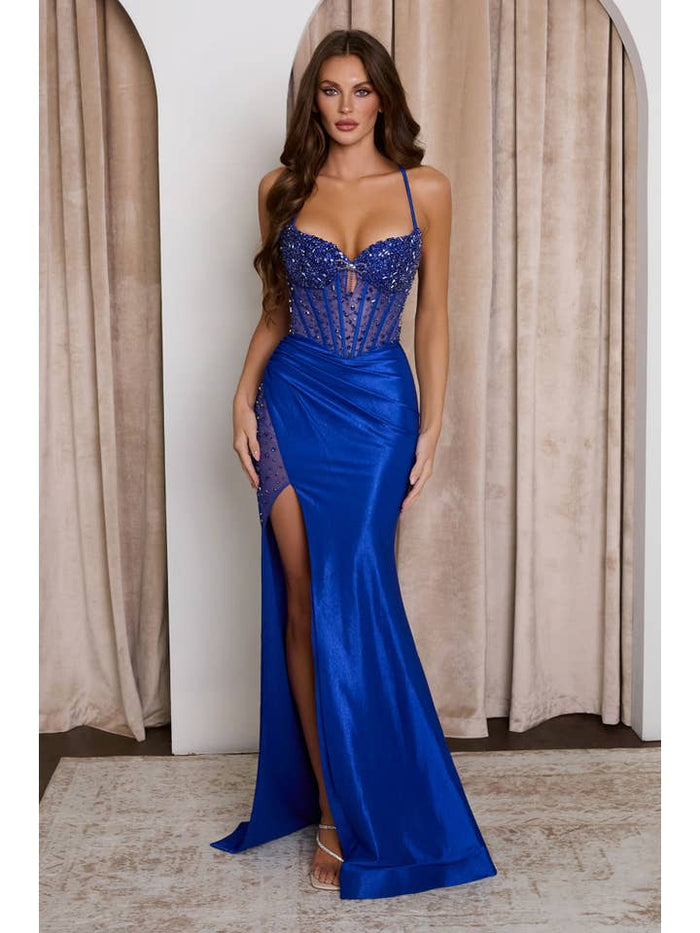 {WHOLESALE CRYSTAL EMBELLISHED FITTED PROM DRESS WITH HIGH SHEER SLIT} - {} at {Linda Mariposa}