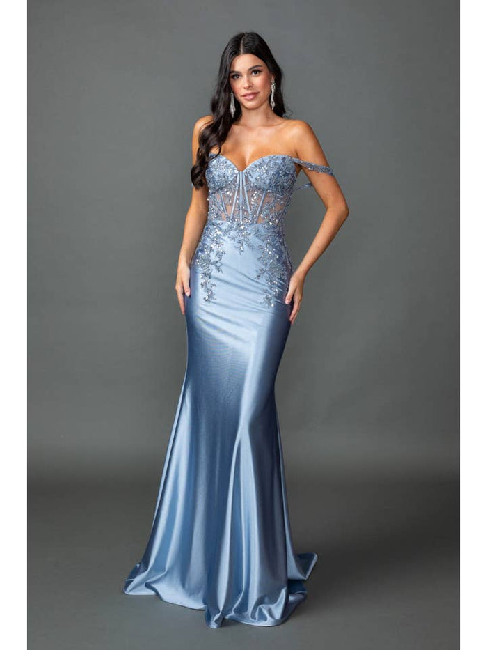 {Wholesale Off - the - Shoulder Satin Prom Dress with Beaded Corset Bodice} - {} at {Linda Mariposa}