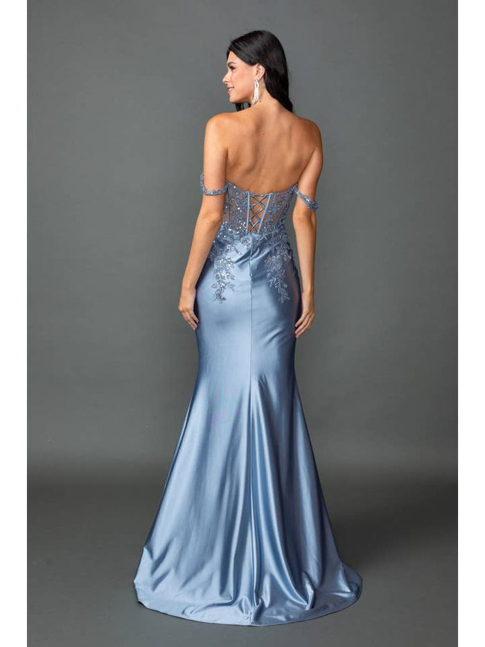 {Wholesale Off - the - Shoulder Satin Prom Dress with Beaded Corset Bodice} - {} at {Linda Mariposa}
