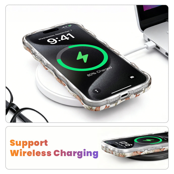 Deck The Halls With Bows & Holly MagSafe iPhone case on a wireless charging pad, showing wireless charging works through the case