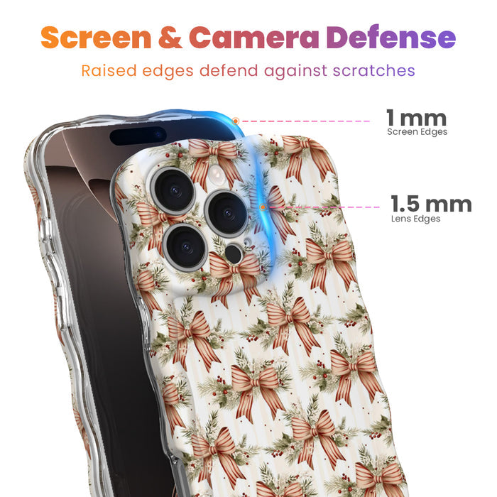 Deck The Halls With Bows & Holly iPhone case with 1 mm raised screen edges and 1.5 mm raised camera lens edges, cranberry ribbon bows and holly berries