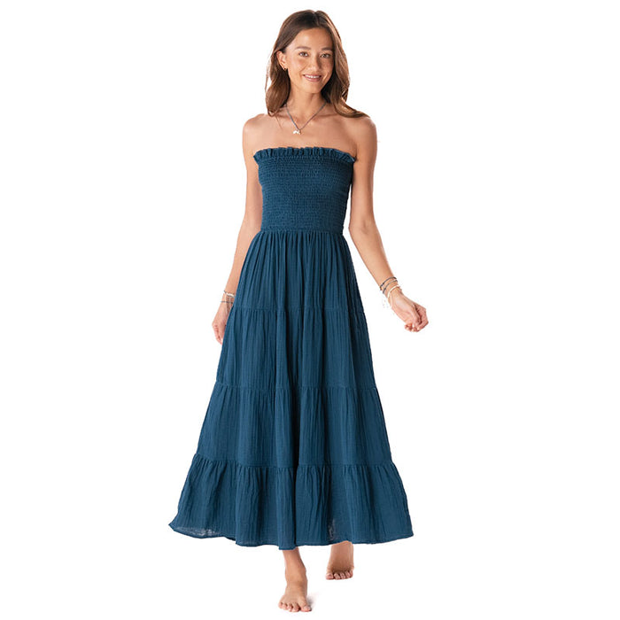 Deep Teal Cotton Mai Tai Strapless Maxi Dress, front