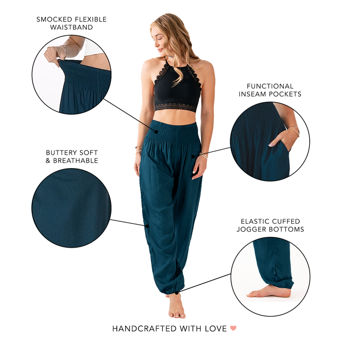 Deep Teal Harem Pants, labeled features