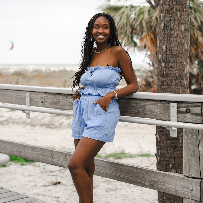 Denim Blue Coastal Tube Top, worn at the beach