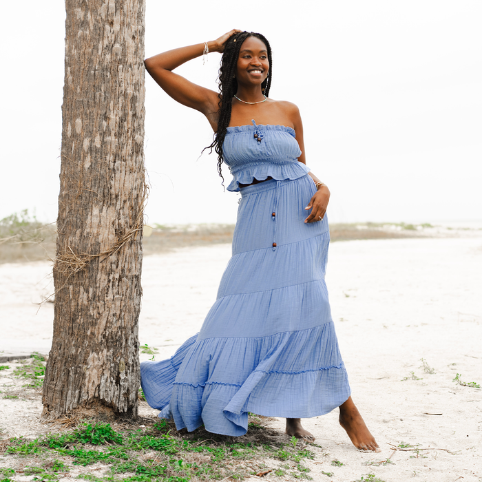 Denim Blue Coastal Tube Top, worn by palm tree