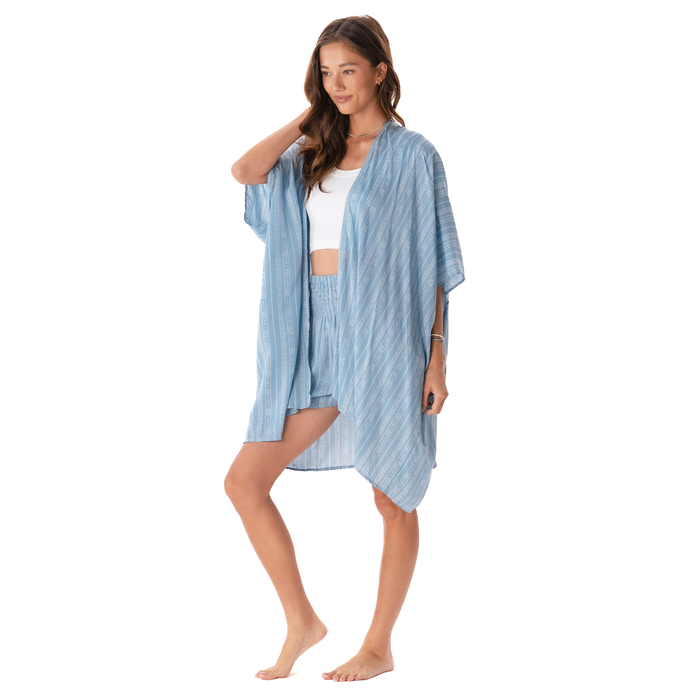 Denim Blue Tribal Kimono, front, hand in hair