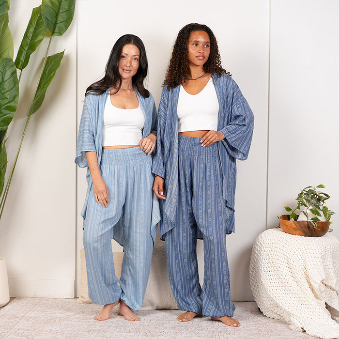 Denim Blue Tribal Kimono, worn with model