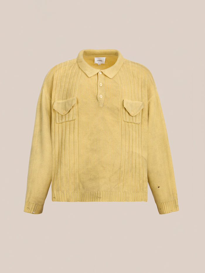 The FOUND Distressed Pullover Knit is a light yellow, unisex relaxed fit sweater with long sleeves, a polo collar, three front buttons, and two chest pockets shown against a plain background.