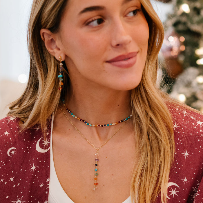 Divine Healer + 7 Chakra Raw Stone Necklace Stack, on neck