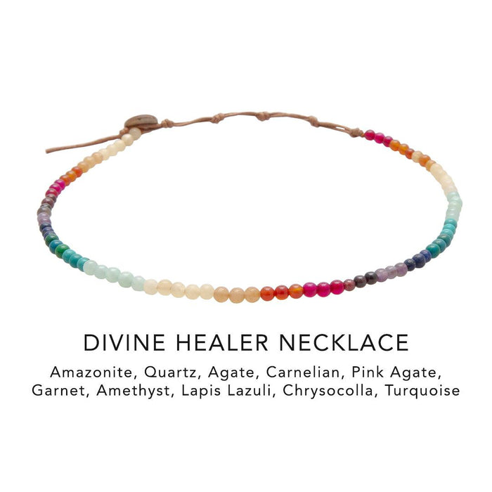 4mm multicolor stone healing necklace with a coconut button closure. Picture depicts the stones in the necklace, which include amazonite, quartz, agate, carnelian, pink agate, garnet, amethyst, lapis lazuli, chrysocolla, and turquoise