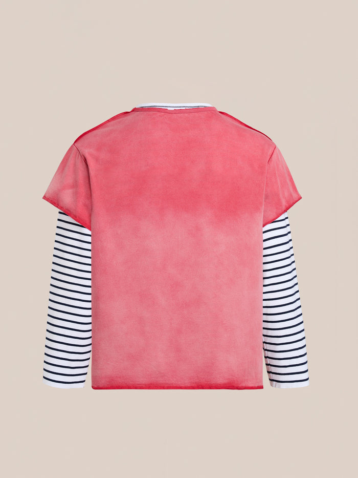 The FOUND Double Layer LS Tee features a red sunfade-wash short sleeve over black-and-white striped long sleeves, shown from the back against a plain beige background.