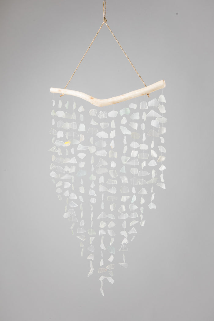 Driftwood sea glass wind chime in white