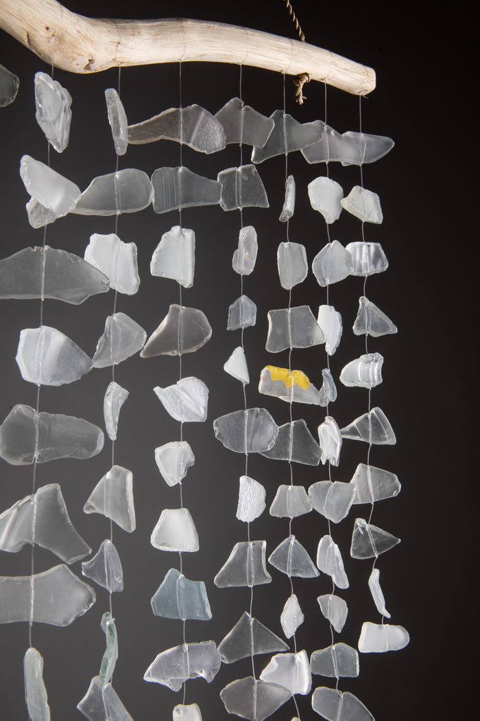 Driftwood sea glass wind chime in white