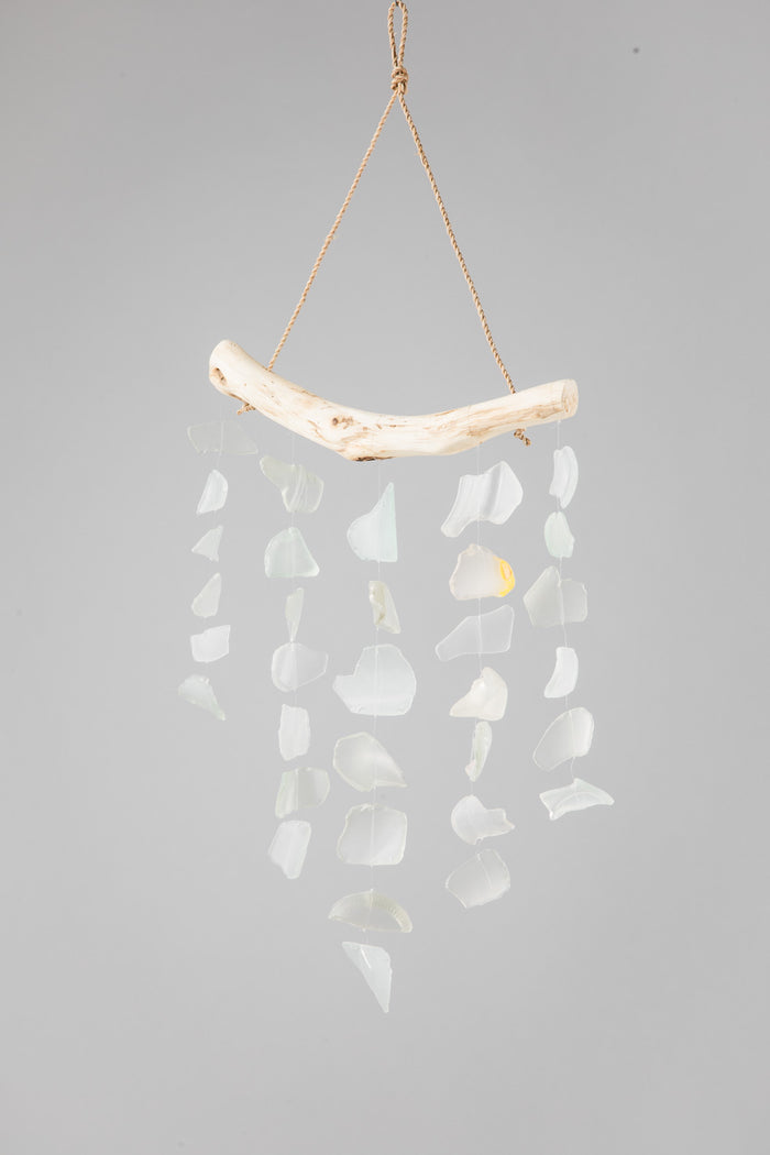 Driftwood sea glass wind chime in white