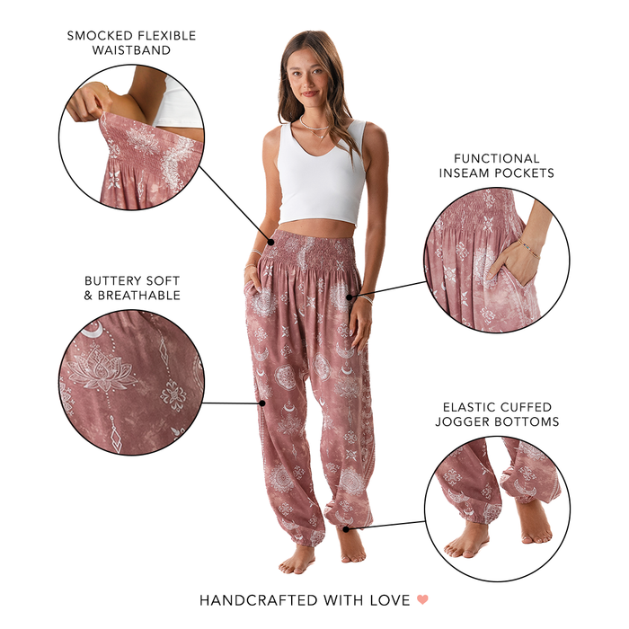 Dusty Rose Lotus Moon Harem Pants, feature callouts