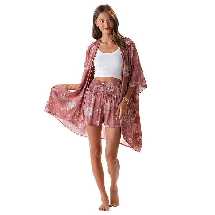 Dusty Rose Lotus Moon Kimono, front over shorts