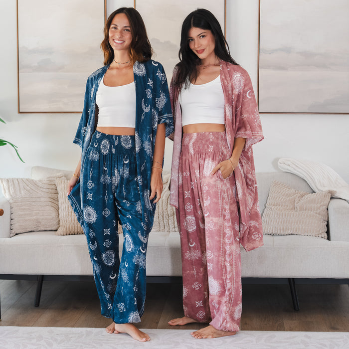 Dusty Rose Lotus Moon Kimono, worn with second model