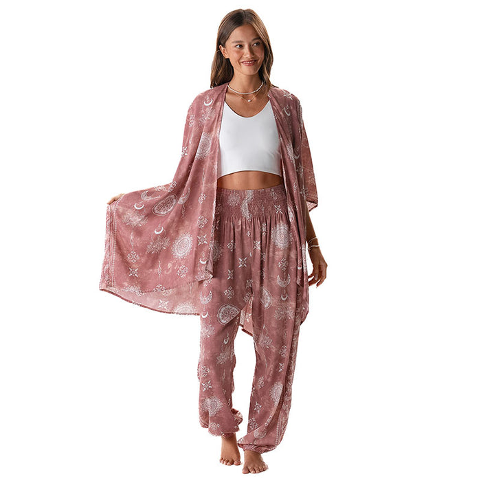 Dusty Rose Lotus Moon Kimono, front over pants