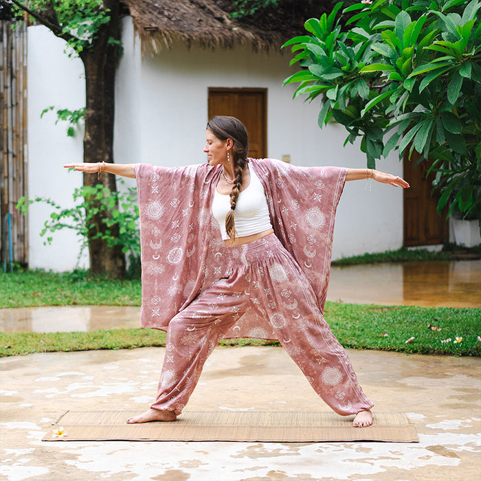 Dusty Rose Lotus Moon Kimono, worn in yoga pose