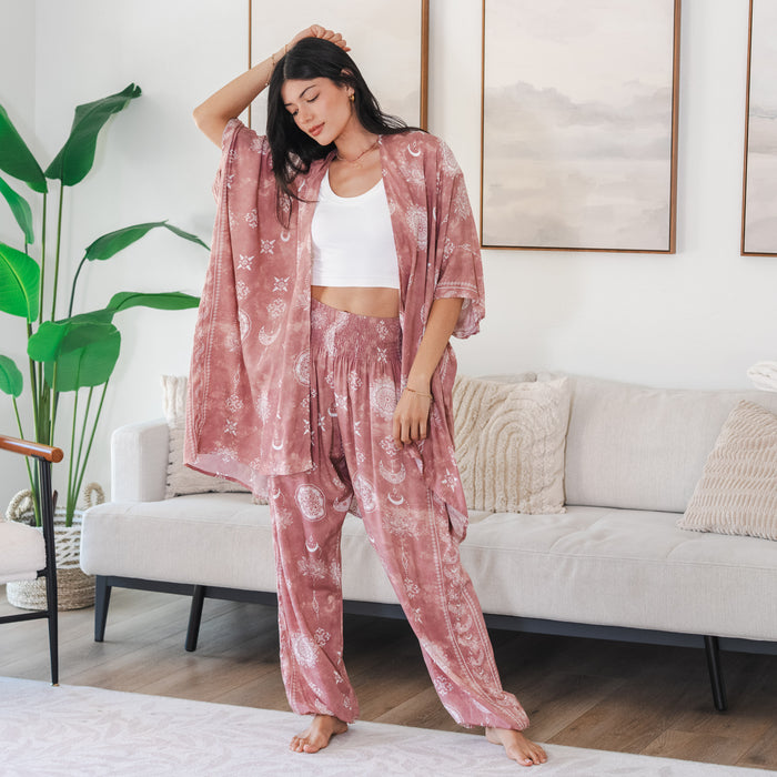 Dusty Rose Lotus Moon Lounge Set, worn at home